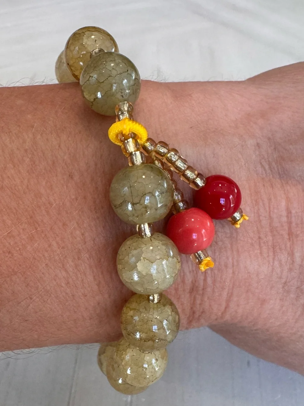 Green & Brown Dragon Vein Agate-Style Beaded Stretch Bracelet w/Red Dangle Charm
